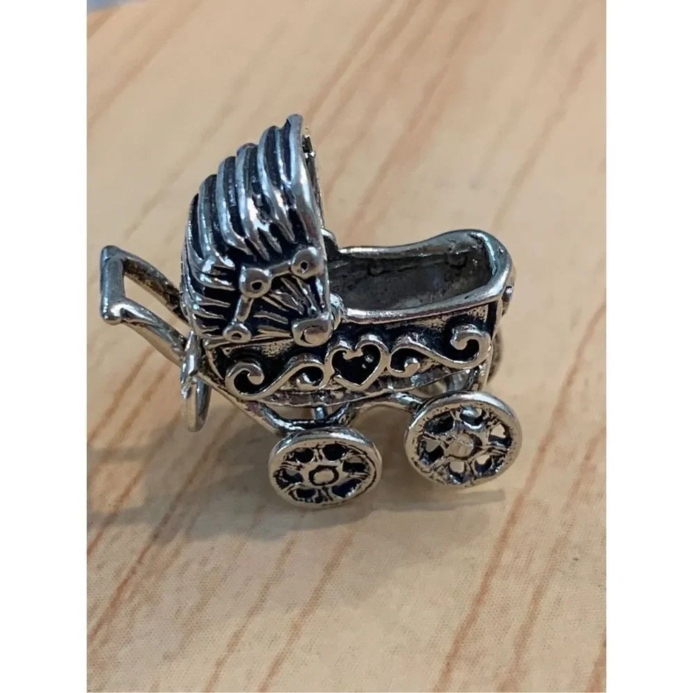 .925 Vintage Baby Carriage Moveable Sterling Silver Jewelry Charm